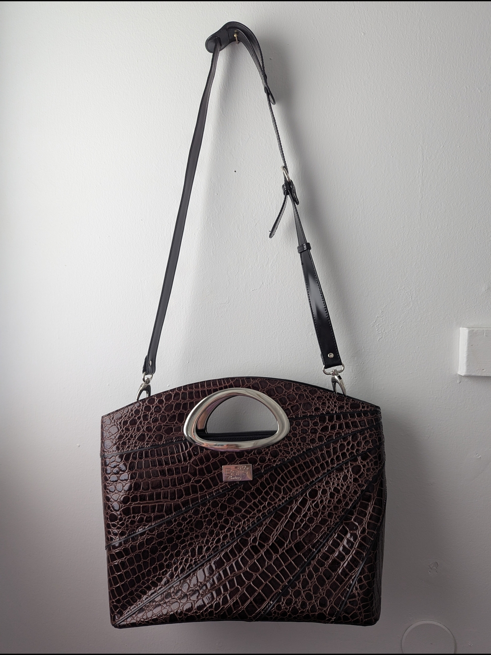 Beijo Dark Brown Croc-Embossed Shoulder Bag with Metal Top Handle